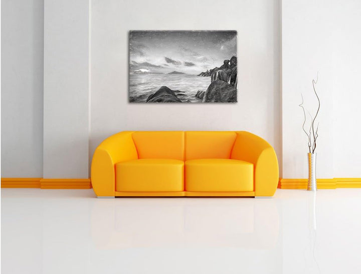 Pixxprint Sonnenuntergang Seychellen Kunst Kohle Effekt, Format: 100x70 auf Leinwand, XXL riesige Bi