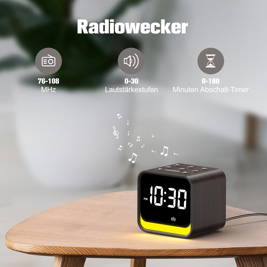 REACHER Radiowecker für das Schlafzimmer, Digitale FM Radiouhr mit Weissrausch-Soundmaschine, 9 Alar