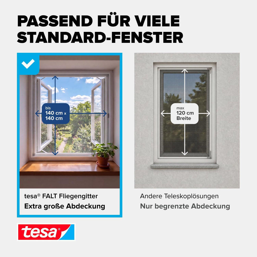 tesa Insect Stop FALT Fenster - Faltbarer Alu-Rahmen - Fliegengitter mit verstellbarem Teleskoprahme