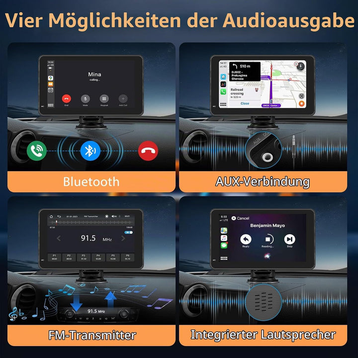 7 Zoll Wireless Carplay Display für Apple Carplay &amp; Android Auto, Tragbares Autoradio mit 2.5D HD To