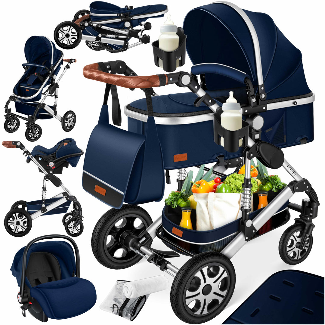KESSER® Loops 3 in 1 Kinderwagen Kombikinderwagen Komplett-Set inkl. Babywanne &amp; Buggy Sportsitz &amp; A