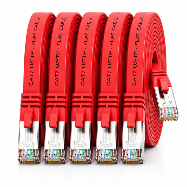 1aTTack.de 7.5m - rot - 5 Stück CAT.7 Gigabit Ethernet LAN Flachband Flachbandkabel (RJ45) Netzwerkk
