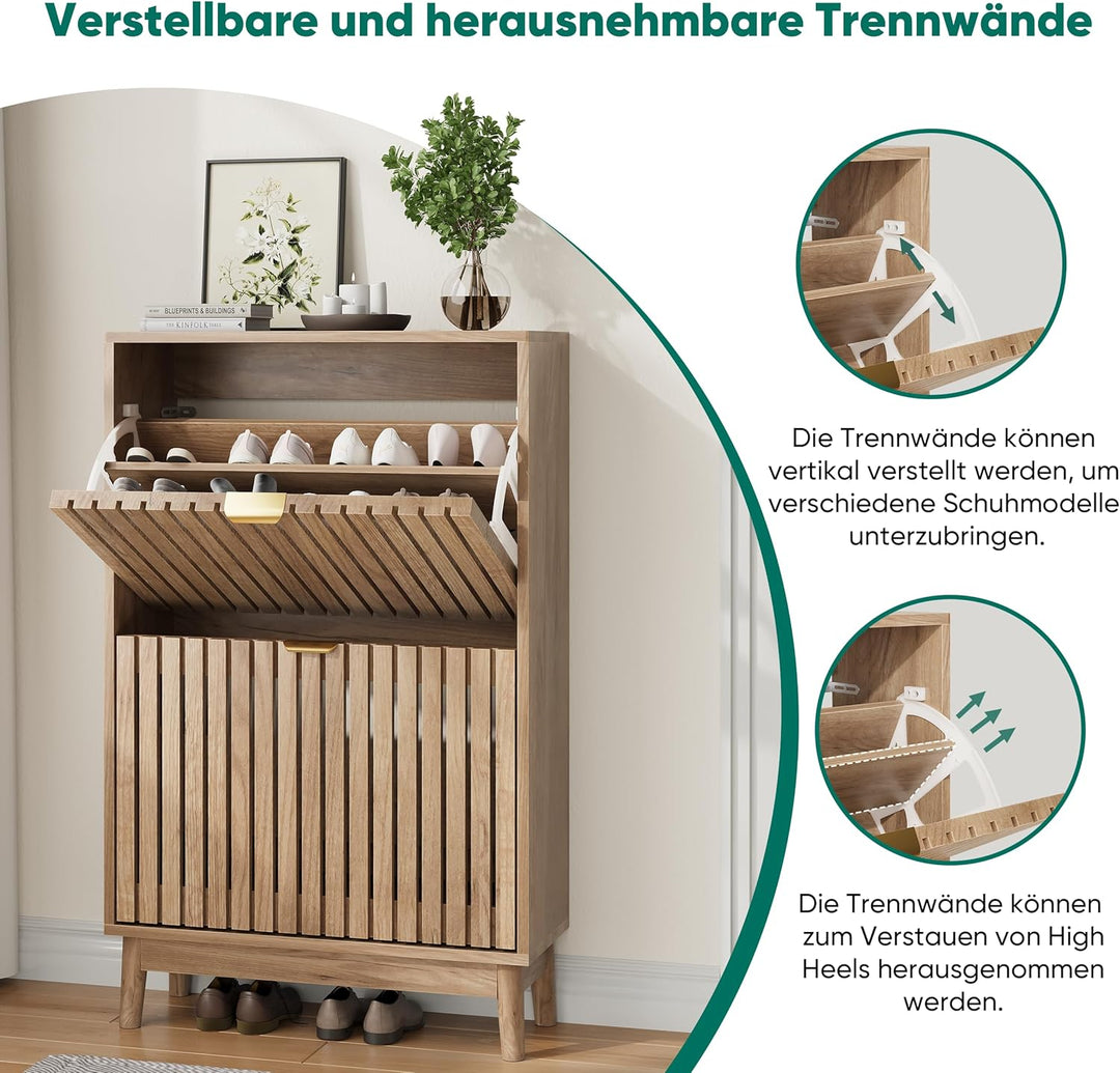 Kiasthome 2-flügiger Schuhschrank mit Klappschubladen, Holz-Schuhorganizer mit belüfteten Lamellentü