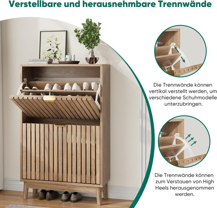 Kiasthome 2-flügiger Schuhschrank mit Klappschubladen, Holz-Schuhorganizer mit belüfteten Lamellentü