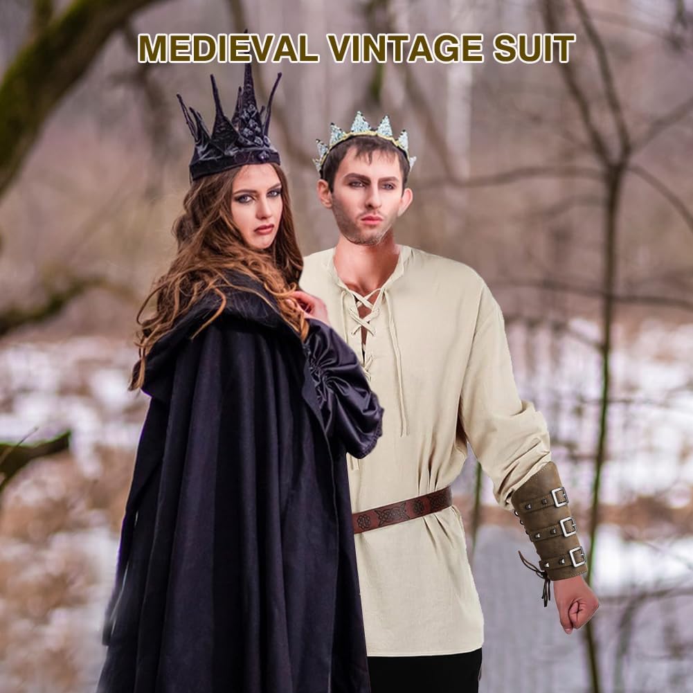 Herren Renaissance Kostüm 5PCS Mittelalter Retro Viking Langarm Shirts, Knöchel Gebänderte Hosen, PU