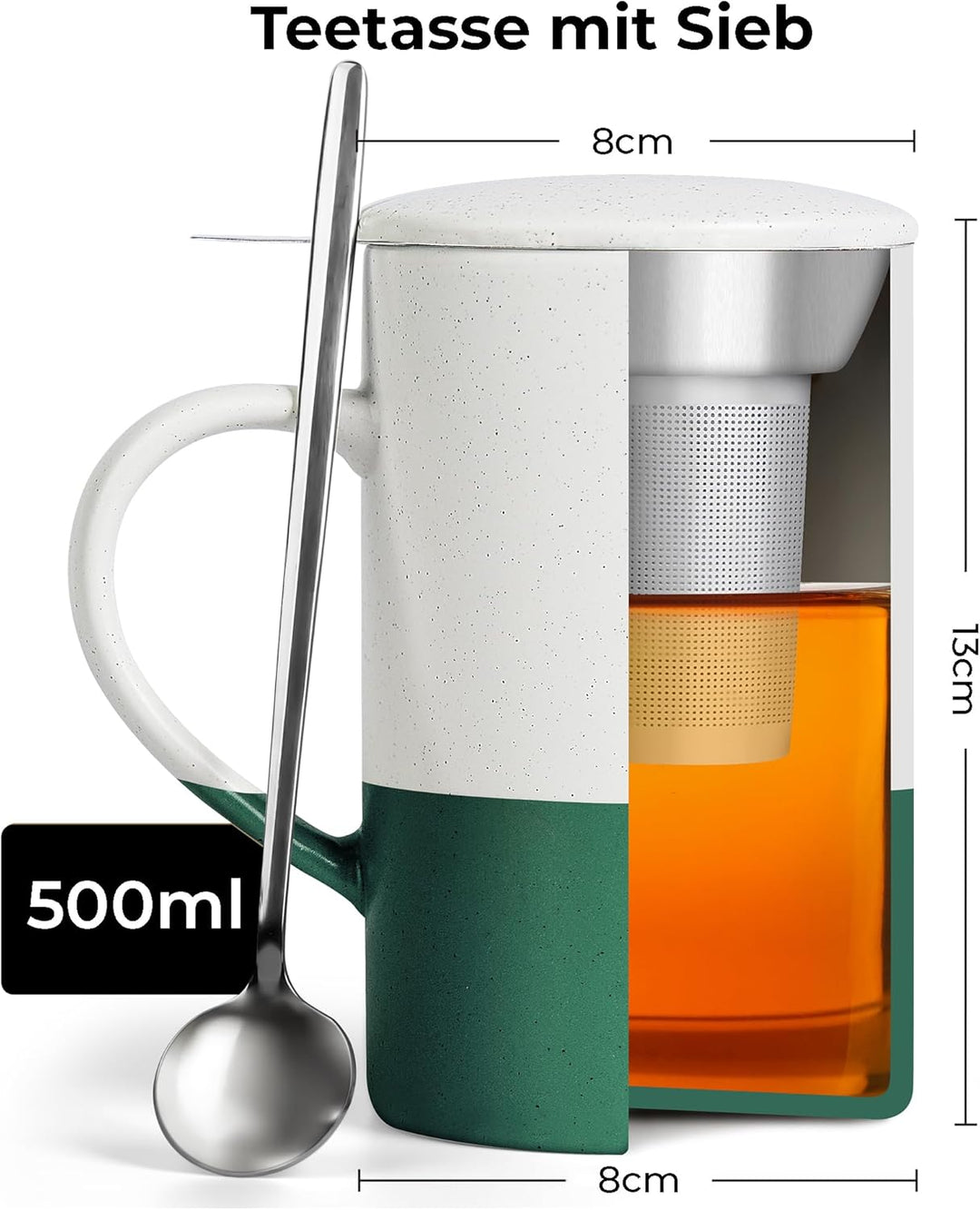 MIAMIO - Tee Tassen Set 2 x 500 ml mit Deckel und Sieb/Keramik Tee Becher mit Teeei und Löffel für d