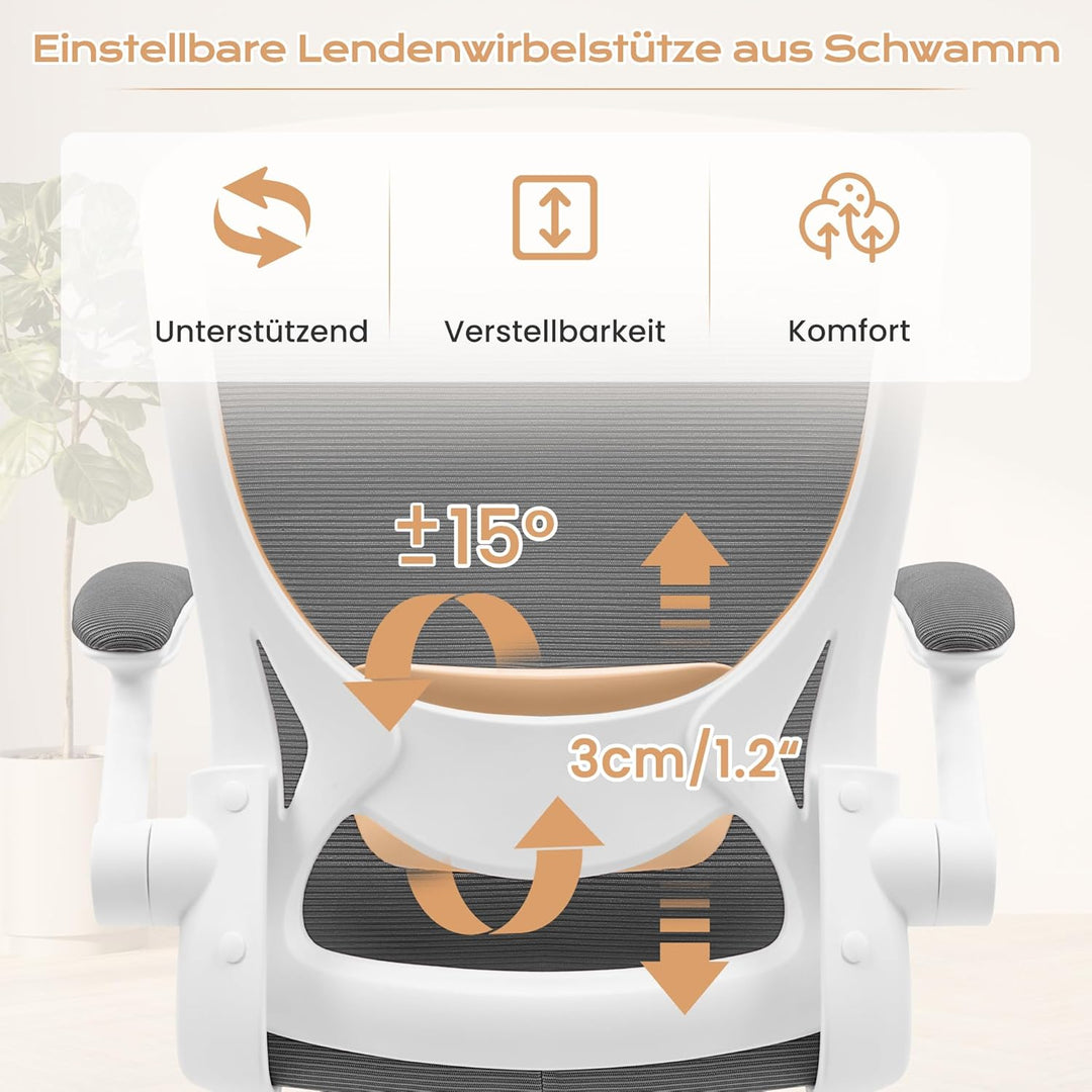 KERDOM Bürostuhl, Ergonomischer Schreibtischstuhl mit Klappbaren Armlehnen, 360° Drehstuhl Mesh Comp