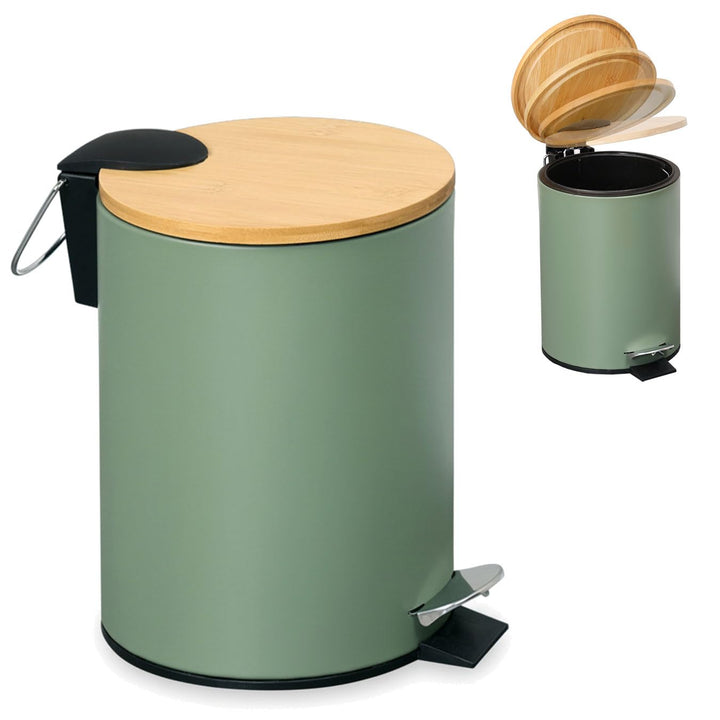 LS-LebenStil Tretmülleimer Papierkorb 3L Matt Grün Rund mit Softclose Holz Deckel Treteimer Fusspeda