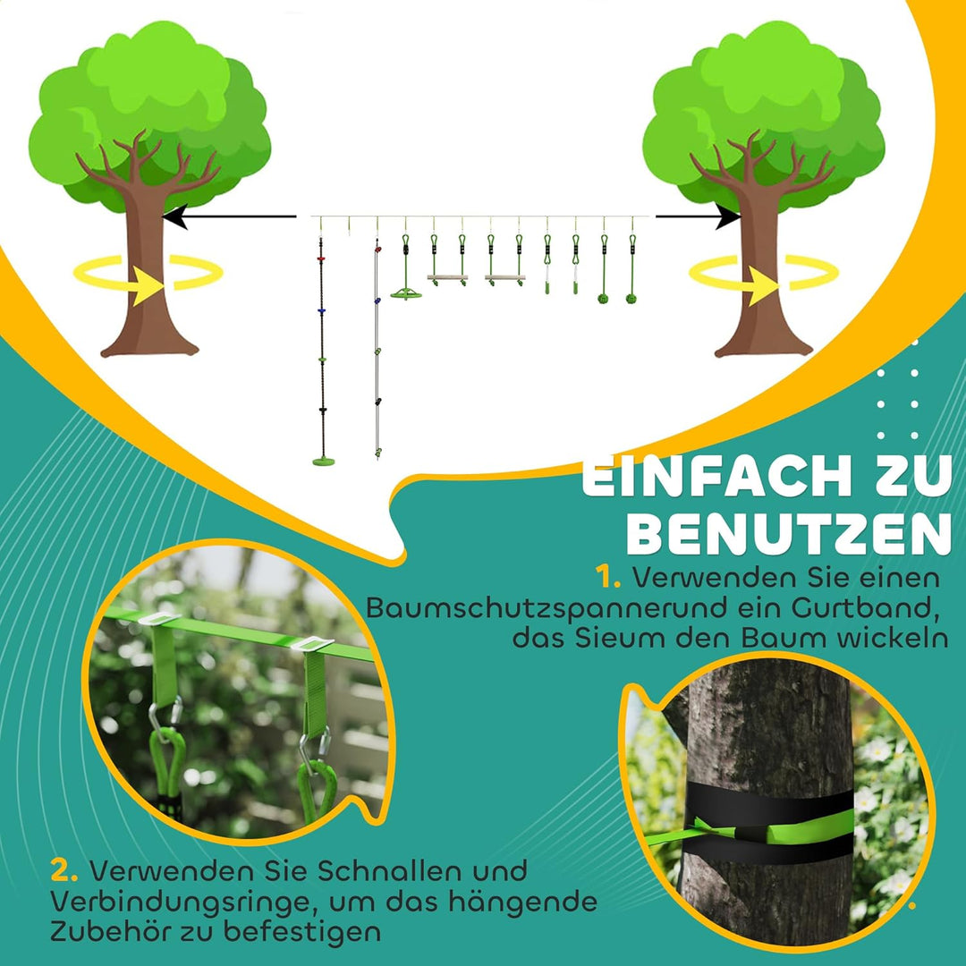 AIYAPLAY Ninja Slackline 10 m für Kinder Ninja Warrior Hindernisparcours Set mit Slackline Turnringe