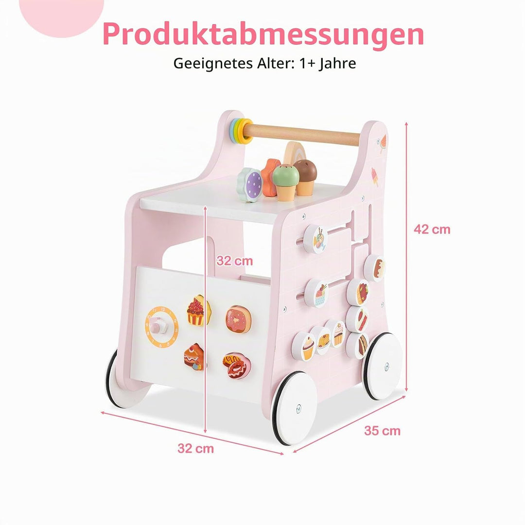 LIFEZEAL Lauflernhilfe Holz, Baby Lauflernwagen mit süssem Zubehör, Montessori Lauflernspielzeug mit