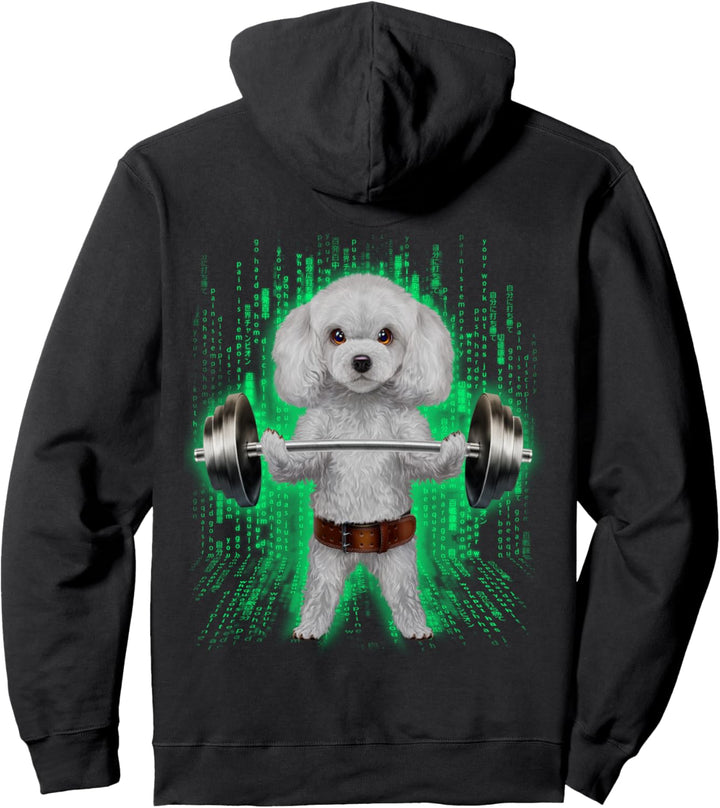 Pudelhund, der Gewichte im Cyber-Fitnessstudio hebt Pullover Hoodie