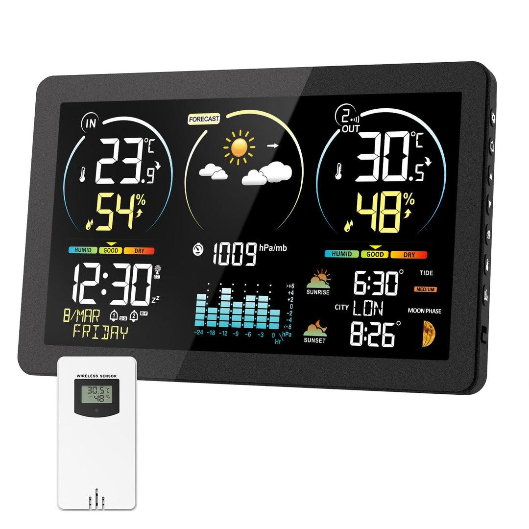 Wetterstation Funk mit Aussensensor, 7,8 Zoll Grosses Farbdisplay mit Beleuchtung & DCF Funkuhr, Wet