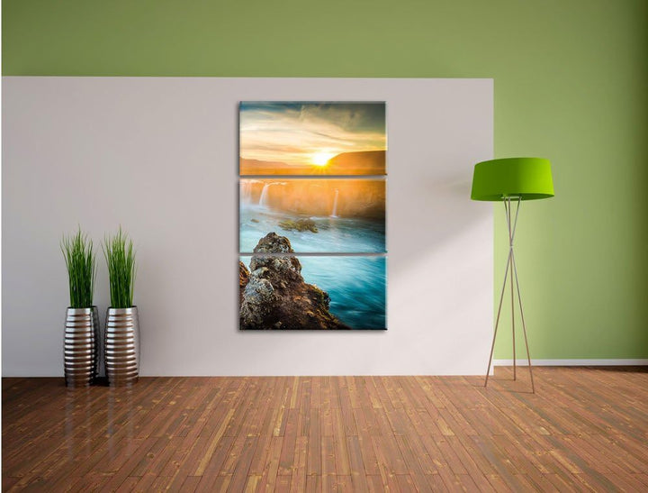 Pixxprint Wasserfall im Sonnenuntergang 3-Teiler Leinwandbild 120x80 Bild auf Leinwand