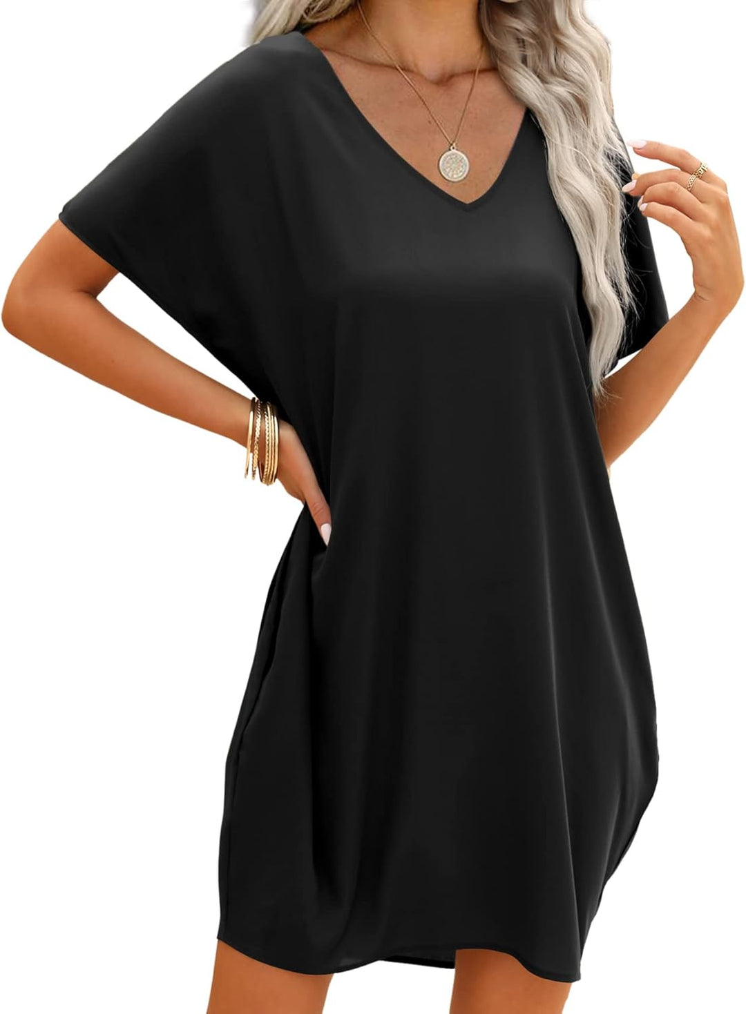 Beluring Damen Kleid mit Taschen Kleider Herbst Langarm/Kurzarm V-Ausschnitt Lässig Shirtkleid M Sti