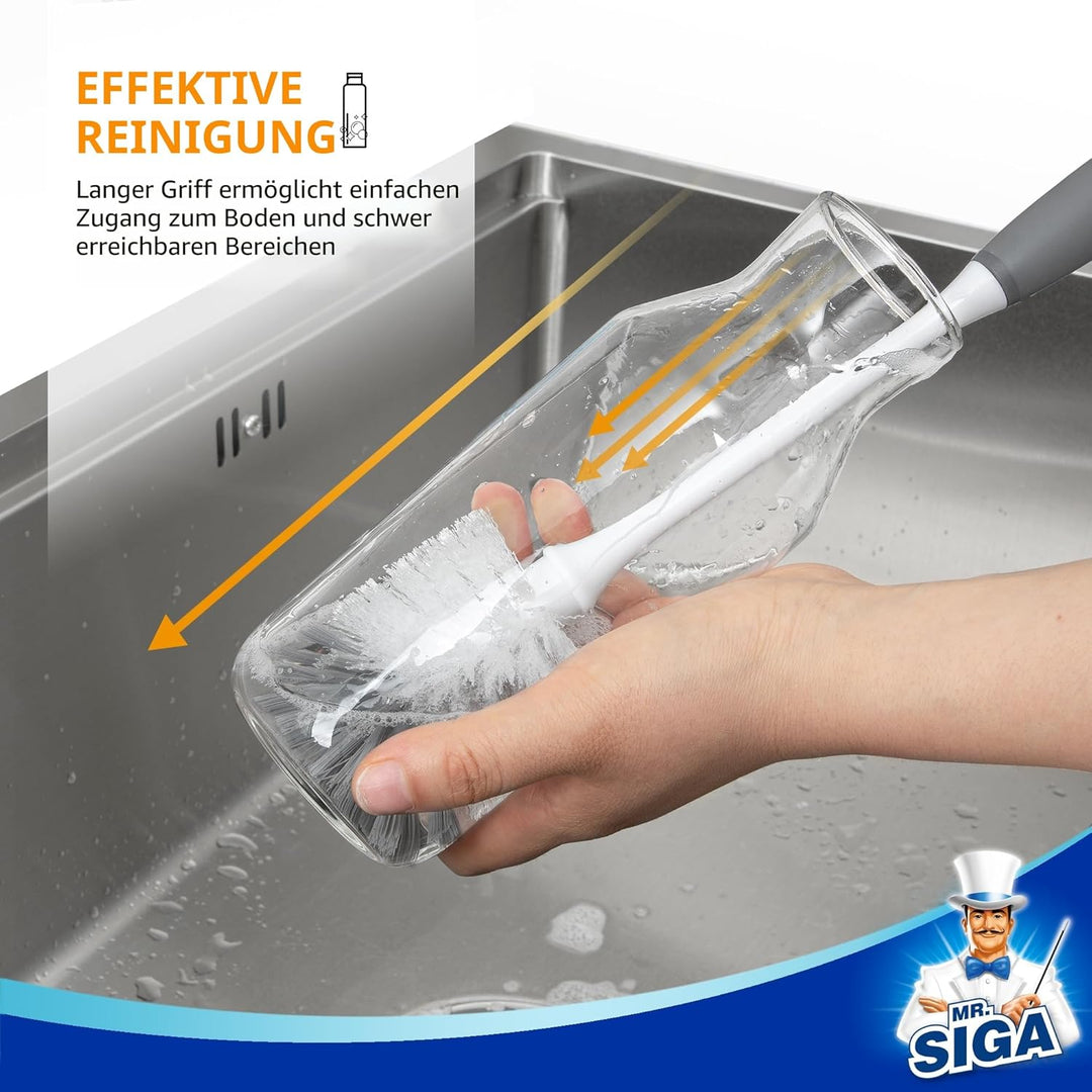 MR.SIGA Flaschenbürste mit langem Griff, Flexible Scheuerbürste für Wasserflaschen, Gläser, Tassen,