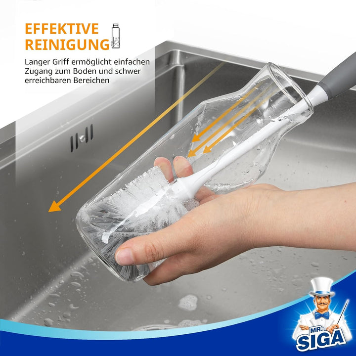 MR.SIGA Flaschenbürste mit langem Griff, Flexible Scheuerbürste für Wasserflaschen, Gläser, Tassen,