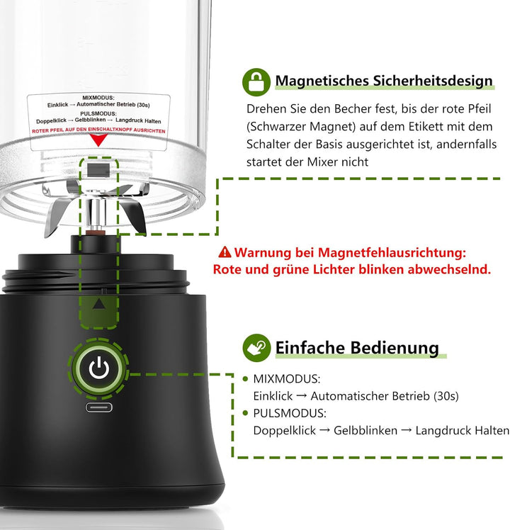 DENOKIN Tragbarer Mixer mit Trinkdeckel, 500ml, Mini Standmixer für Unterwegs, Wiederaufladbar mit U