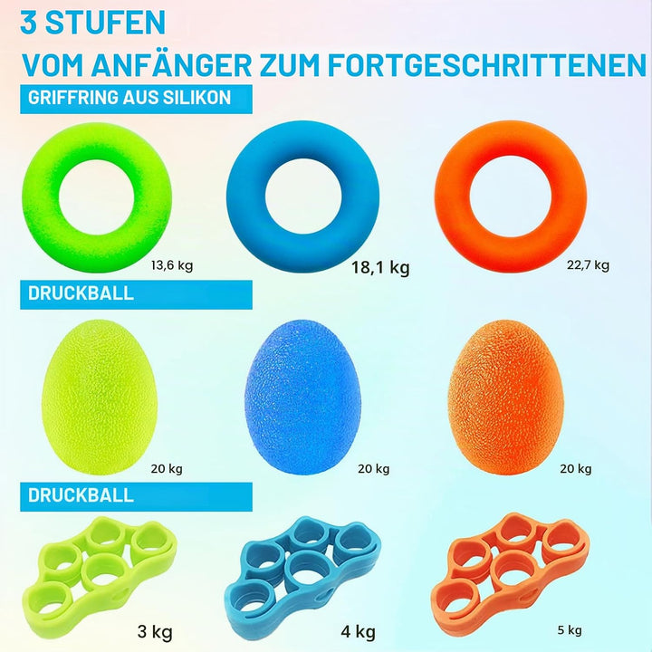 10 Stück Handtrainer mit 3 Widerstandsstufen - Eiförmige Griffbälle für Klettern, Gitarre &amp; Klavier