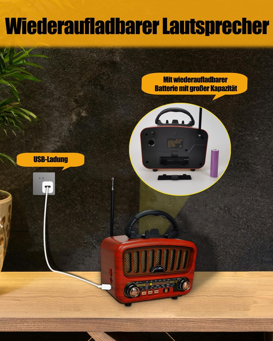 Retro Radio mit Bluetooth, AM/FM/SW Tragbares Radio Klein 5W grosser Lautsprecher und Bluetooth 5.0,