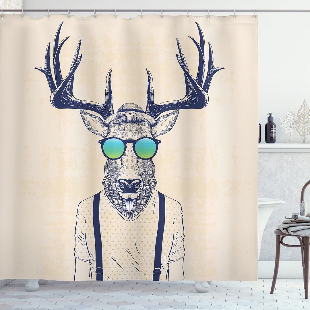 ABAKUHAUS Geweih Duschvorhang, Hipster Cool Fun Tier, Stoffliches Gewebe Badezimmerdekorationsset mi