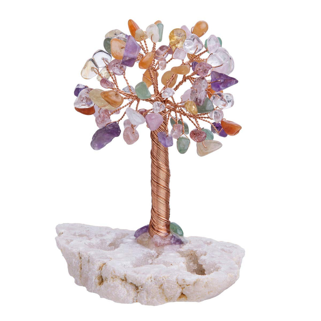 mookaitedecor 7 Chakra Natural Crystal Money Tree mit Druzy Geode Quarzsockel, Kupferdraht gewickelt
