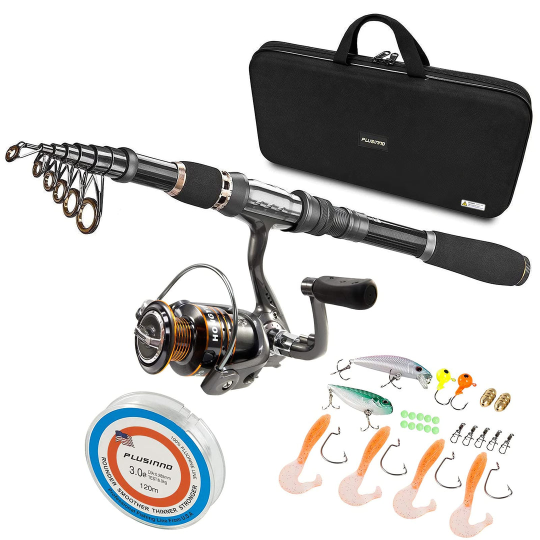 PLUSINNO Teleskop Rute und Rolle Combos Full Kit, Spinning Fishing Gear Organizer Pole-Sets mit Line