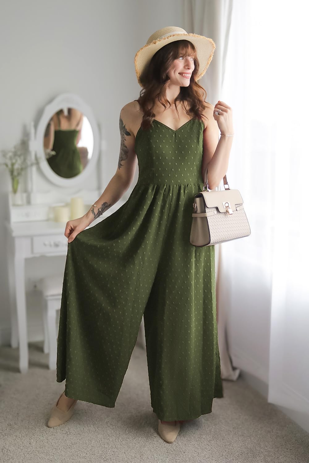 LAISHEN Jumpsuit Damen Sommer Overall Elegant Festlich Hochzeit Lang Hosenanzug Weites Bein Hose Pla