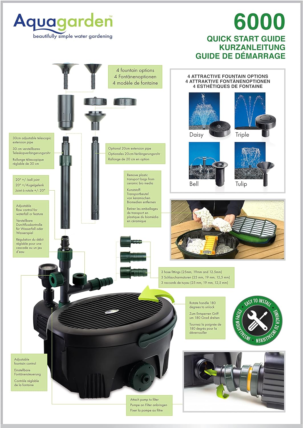 Aquagarden Inpond 6000, Teich- und Wasserpumpe, Filter, UV-Klärer, LED-Strahler und Springbrunnen, K