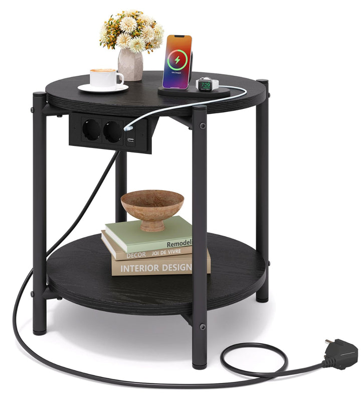 IRONCK Beistelltisch rund, Couchtisch mit Steckdose, Kleiner Tisch Holz, Wohnzimmertisch 2 Ablagen,S