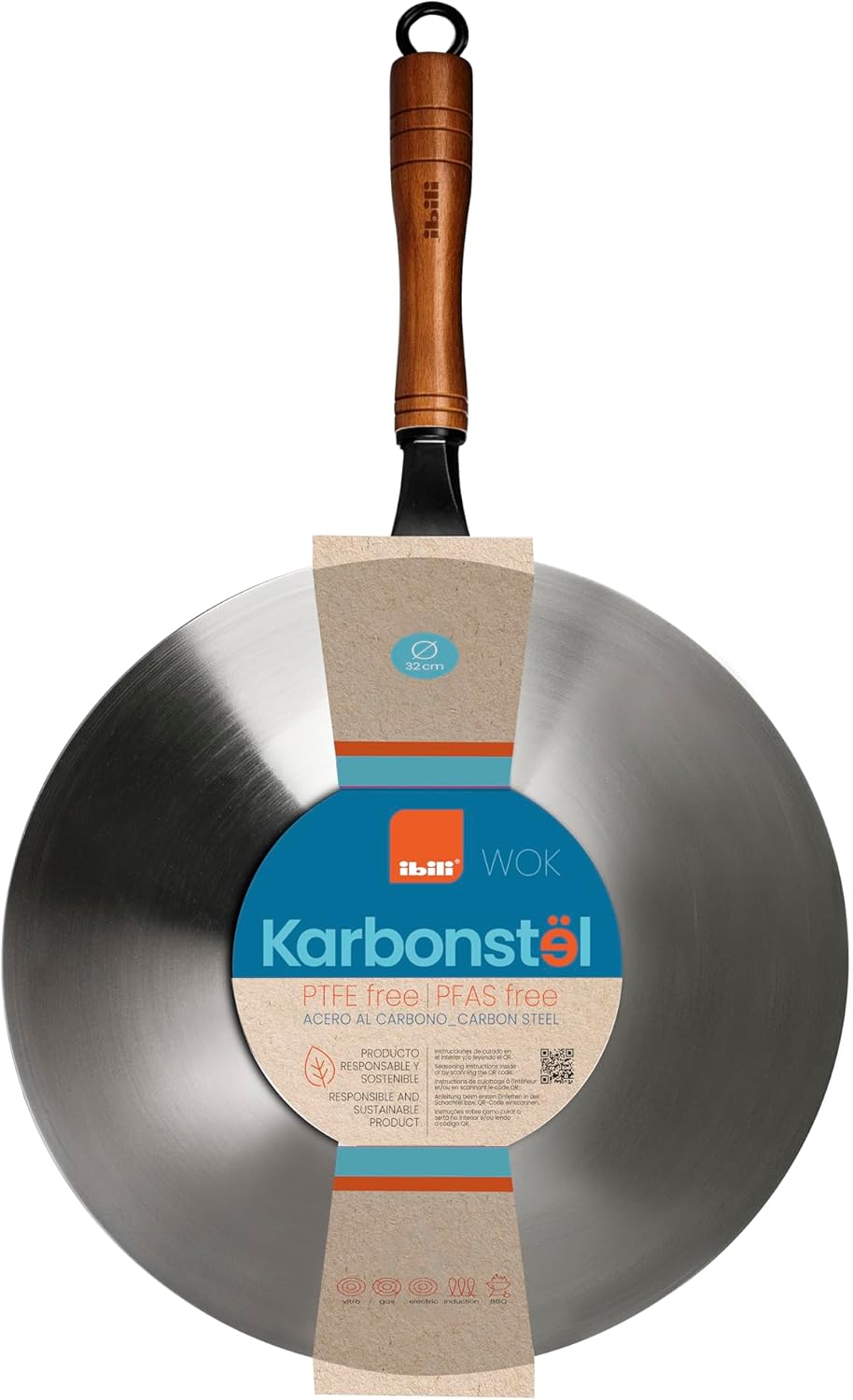 IBILI Karbonsteel Wok aus Karbonstahl, 32 cm, induktionsgeeignet, Wärmespeicherung, langlebig und ro