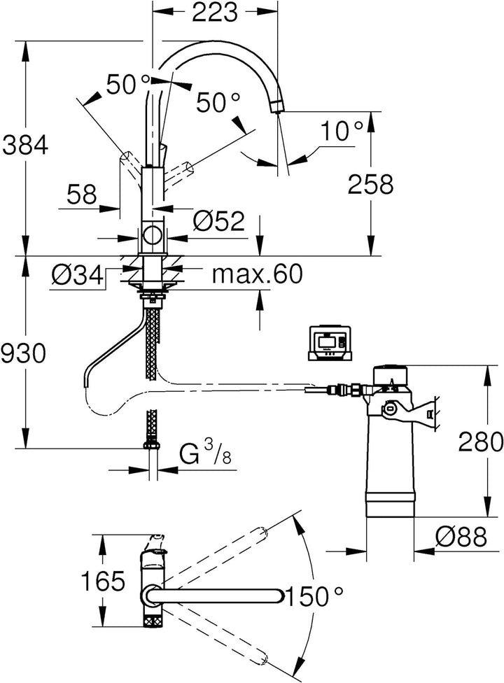 GROHE Blue Pure Eurosmart - Starter Kit (C-Auslauf, Schwenkbereich 150°, Aktivkohlefilter für perfek