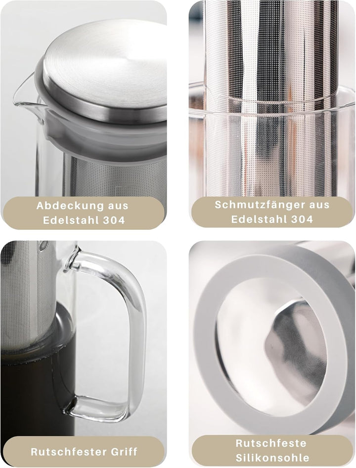 JanYoo Cold Brew Kaffeebereiter 800ml,Glas-Teekanne mit 304 Edelstahlfilter, Brühglas Karaffe Teetas