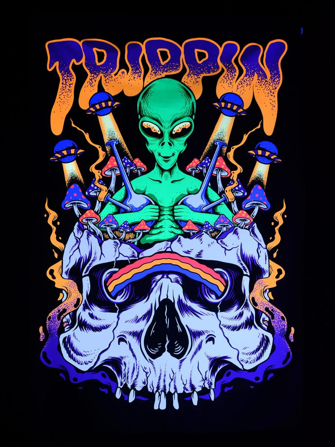 PSYWORK Schwarzlicht Stoffposter Neon | Trippin Alien | 1,5 x 2,25m | UV-aktiv | fluoreszierend | Wa