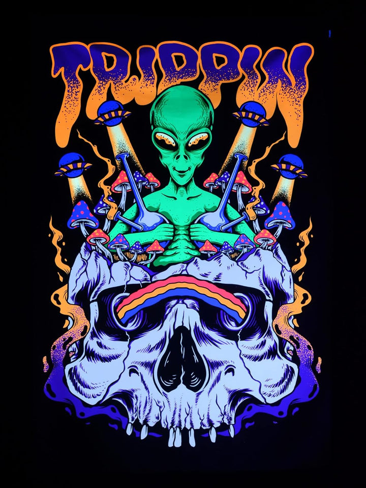 PSYWORK Schwarzlicht Stoffposter Neon | Trippin Alien | 1,5 x 2,25m | UV-aktiv | fluoreszierend | Wa