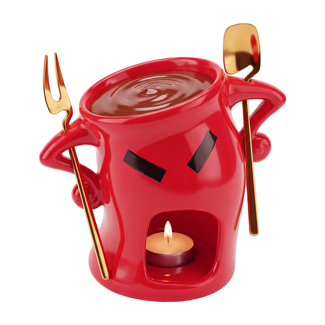 Schokofondue Tasse - Keramik Schokoladenfondue Set mit Löffel und Gabel, Einzigartiges Design mit Ha