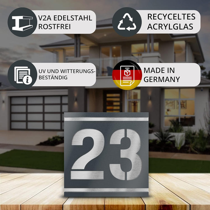 Graviers Design Hausnummernschild mit Gravur aus V2A Edelstahl 120x120mm - Anthrazit Metallic - Wett