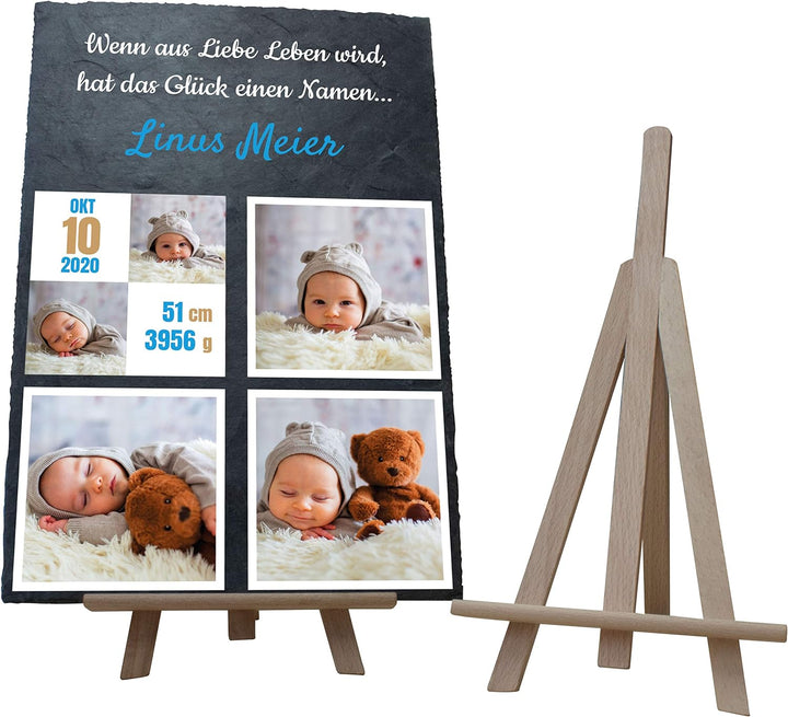 wandmotiv24 Schieferplatte mit eigenen Fotos zur Geburt, 20 x 30 cm, inklusive Staffelei, 5 Fotos +