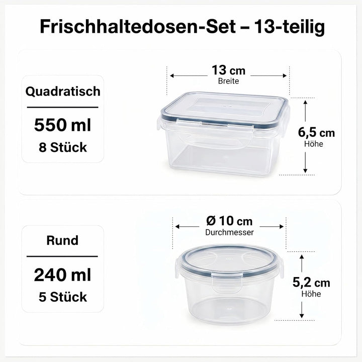 Haushaltszauber® Frischhaltedosen Set 13-teilig (5 runde & 8 quadratische) | Luftdichte Frischhalted