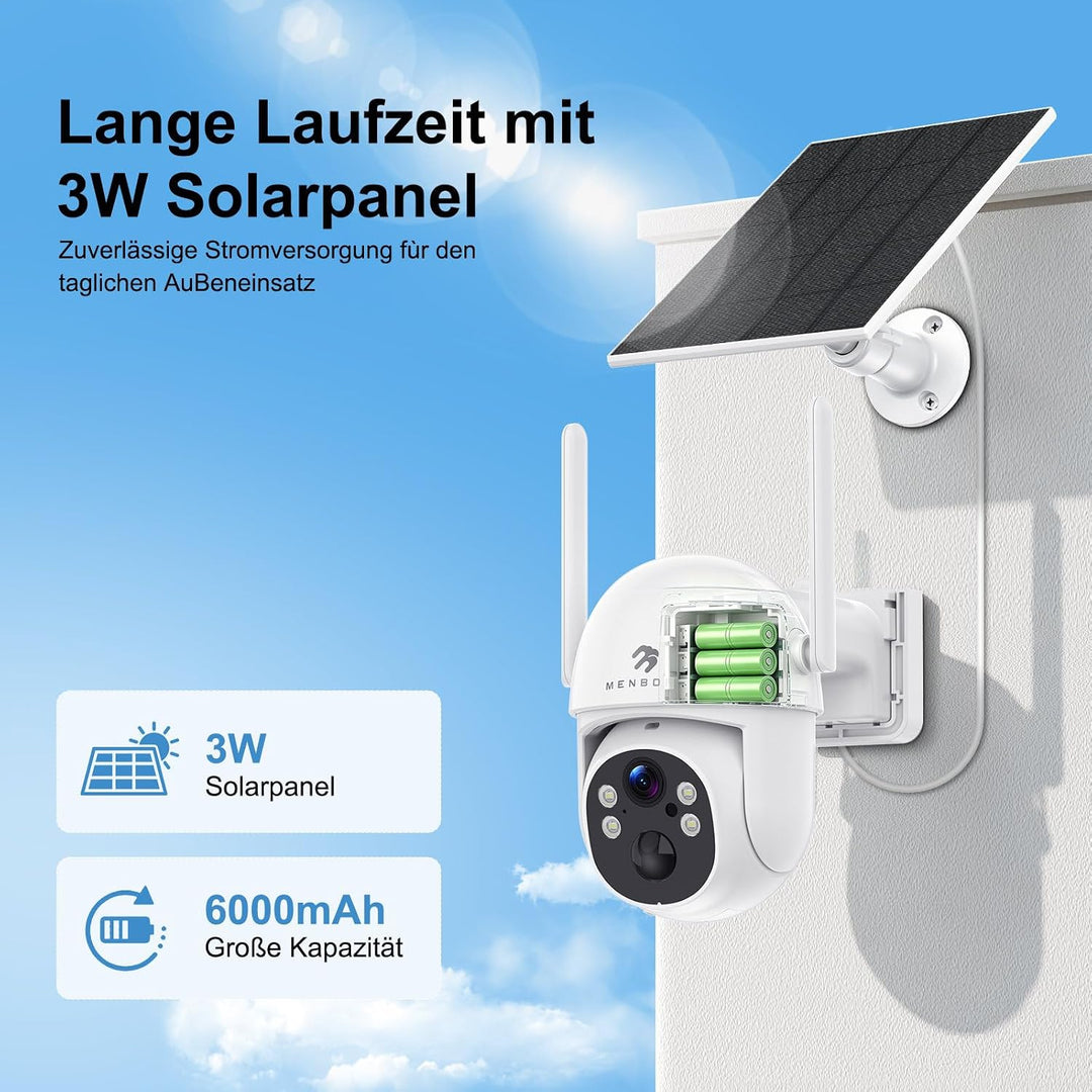 2K Kabellose Überwachungskamera Aussen Solar WLAN, Auto-Tracking, WiFi 6 | 2,4/5 GHz, PTZ 265°, PIR-