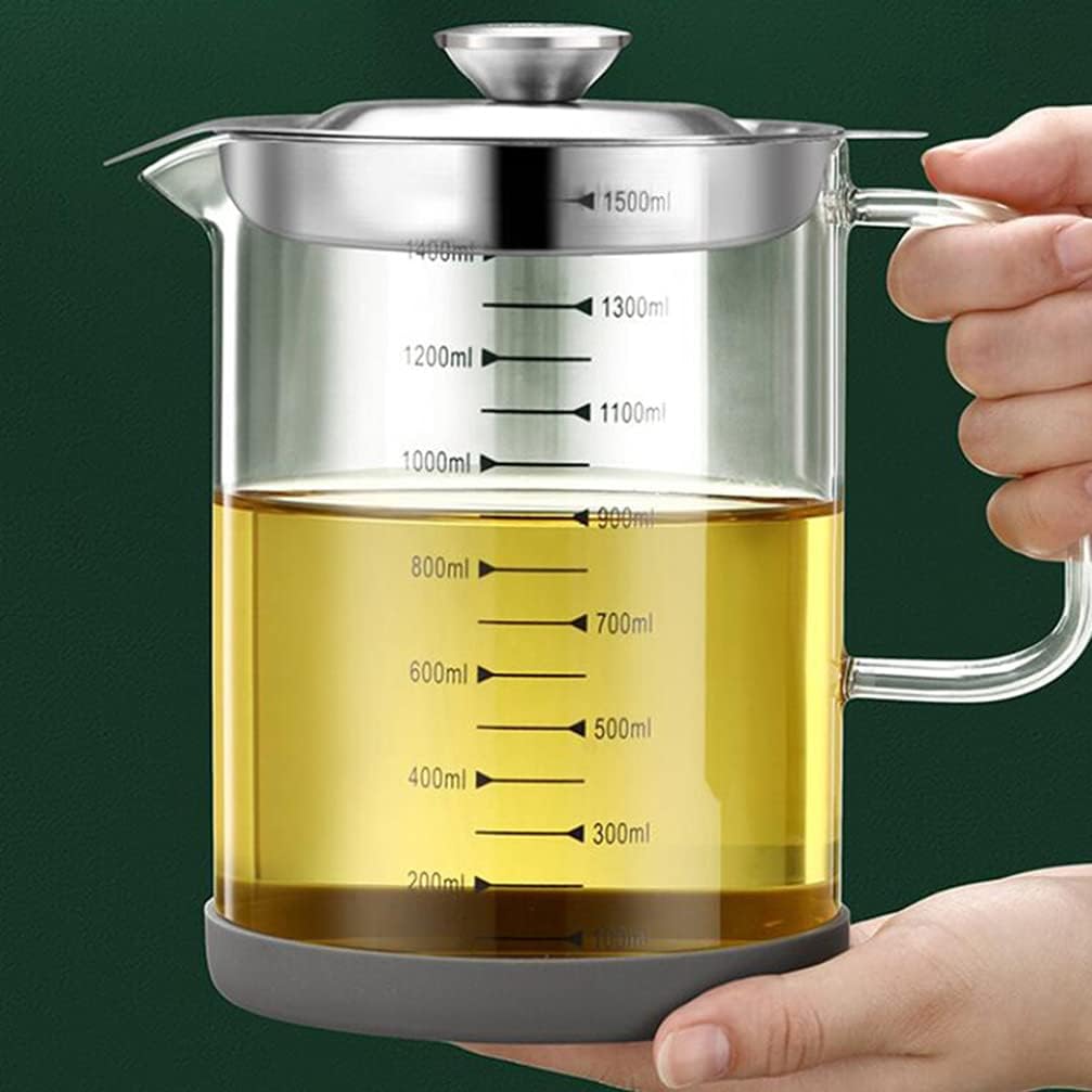 BESTonZON Fetttrennkanne Glas Ölsieb Topf Transparent Kanne mit Sieb 1500ml Behälter Fettbehälter La