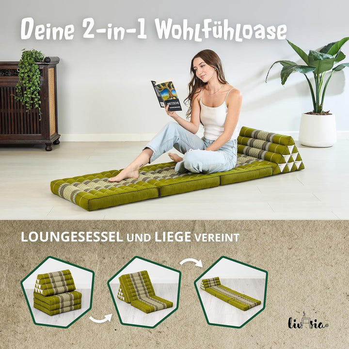 livasia Thaikissen mit 3 Auflagen, Dreieckskissen mit Klappmatratze, Keilkissen Kapok, Rückenkissen