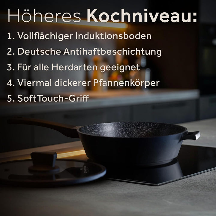 ZWIEGER Grosse Pfanne mit Deckel 28cm – Schmorpfanne 28 cm hoher Rand, Aluguss, vollflächiger Edelst