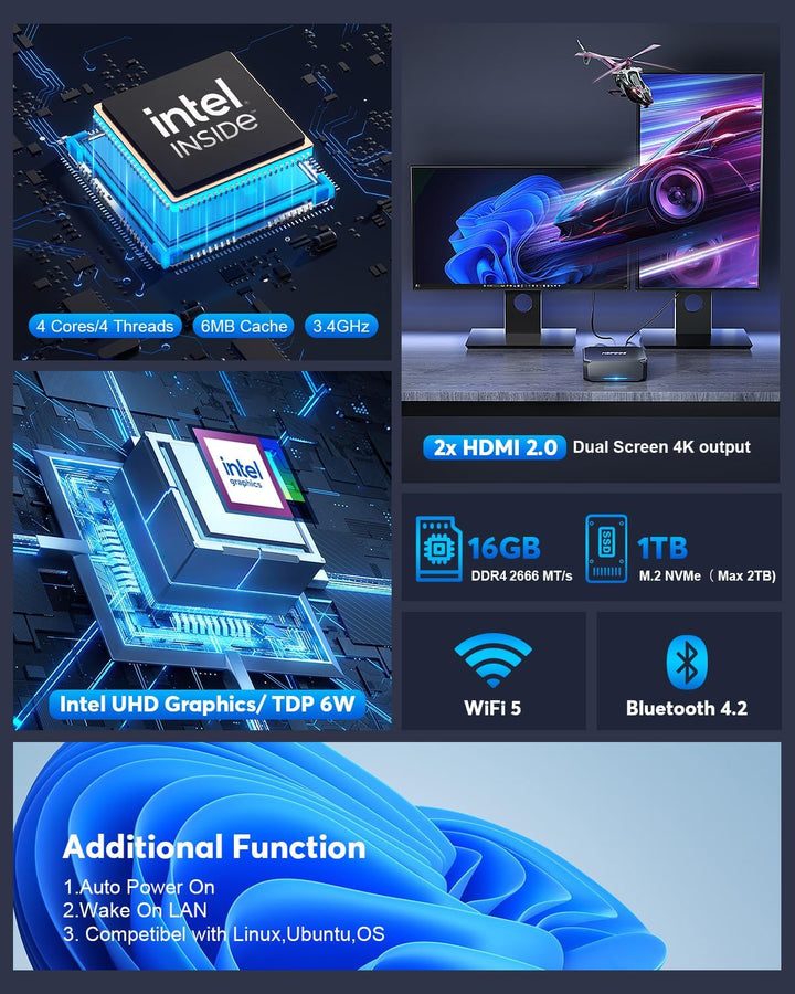 NiPoGi AK2 Plus Mini PC 16 GB DDR4 1 TB M.2 SSD, 12th Gen Intel Alder Lake-N100 (bis zu 3,4 GHz) Min
