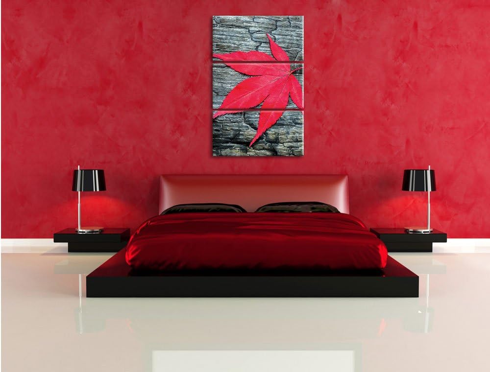Pixxprint Blatt auf Holz Natur als Leinwandbild/Grösse: 3 Teilig (120x80) cm/Wandbild/Kunstdruck/fer