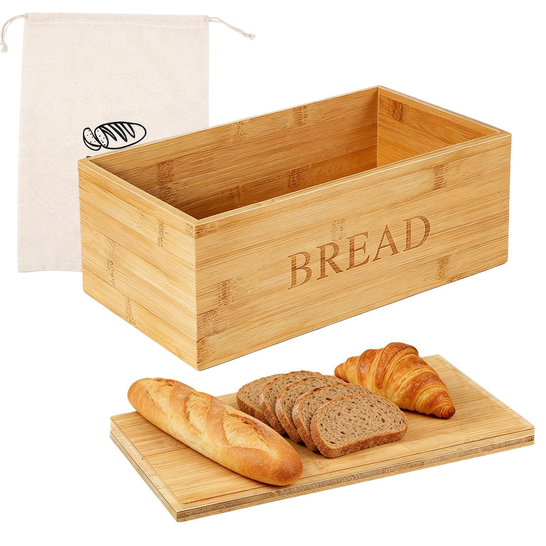 BAIFULAI Bambus Brotkasten: 33 x 19 x 13.5 cm Brotbox mit Leinenbeutel und mit Holzdeckel als Schnei