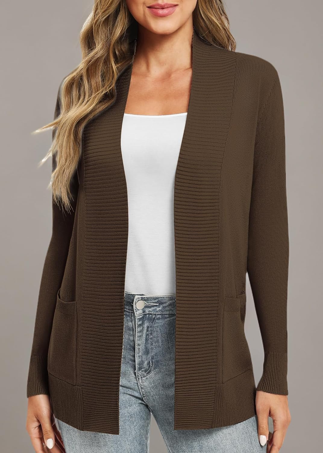 EXCHIC Leicht Damen Lange Ärmel V-Ausschnitt Lange Gestrickt Cardigan Gemütlich Offene Front Strickj