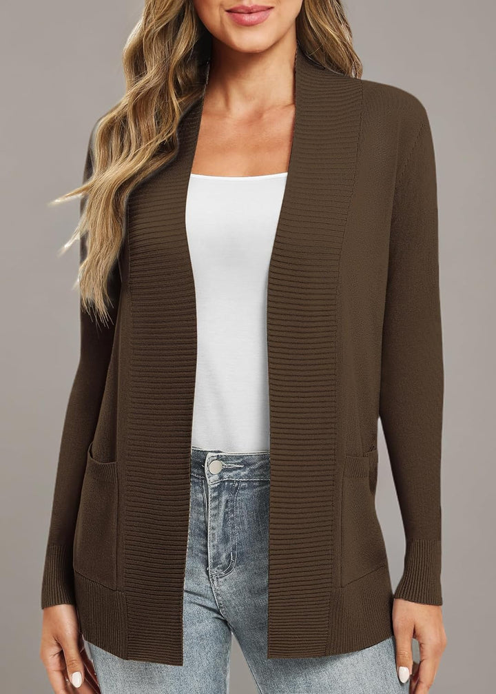 EXCHIC Leicht Damen Lange Ärmel V-Ausschnitt Lange Gestrickt Cardigan Gemütlich Offene Front Strickj