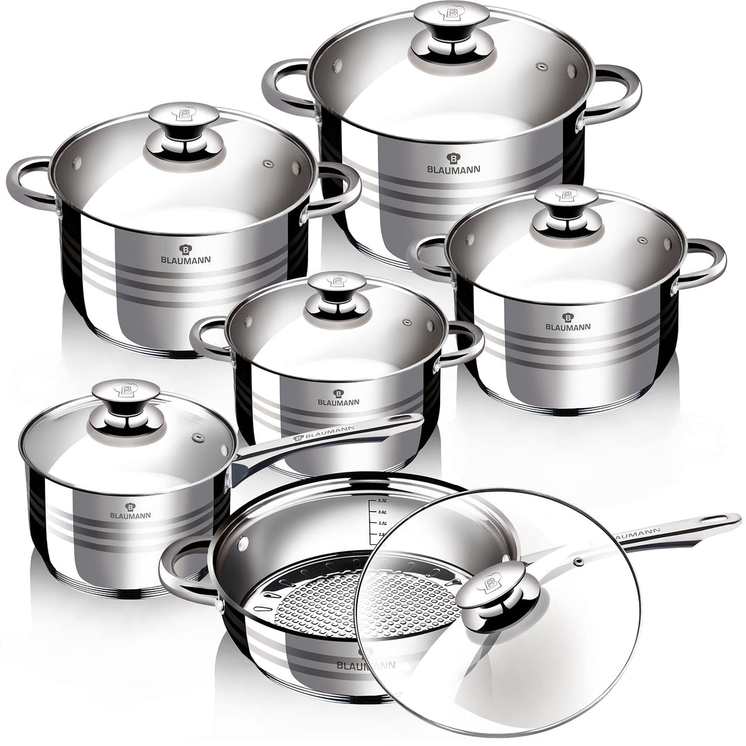 SMHLINE® 12-tlg Topfset Töpfe Set induktionsgeeignet Kochtopf Set Pfannen Edelstahl Kochgeschirr Pfa
