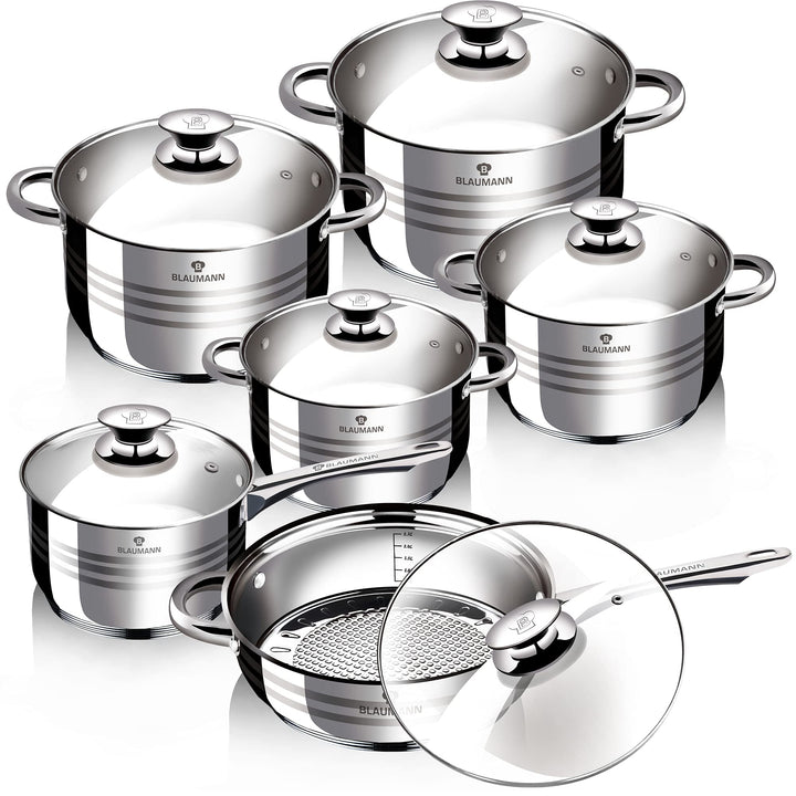 SMHLINE® 12-tlg Topfset Töpfe Set induktionsgeeignet Kochtopf Set Pfannen Edelstahl Kochgeschirr Pfa