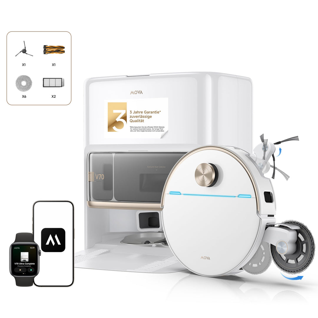 Mova V70 Ultra Complete X Saugroboter, MaxiReachX-Doppelverlängerung Seitenbürste & Mopp, 40.000 Pa